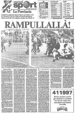 Il portiere della Cremonese Michelangelo Rampulla segna un gol di testa!