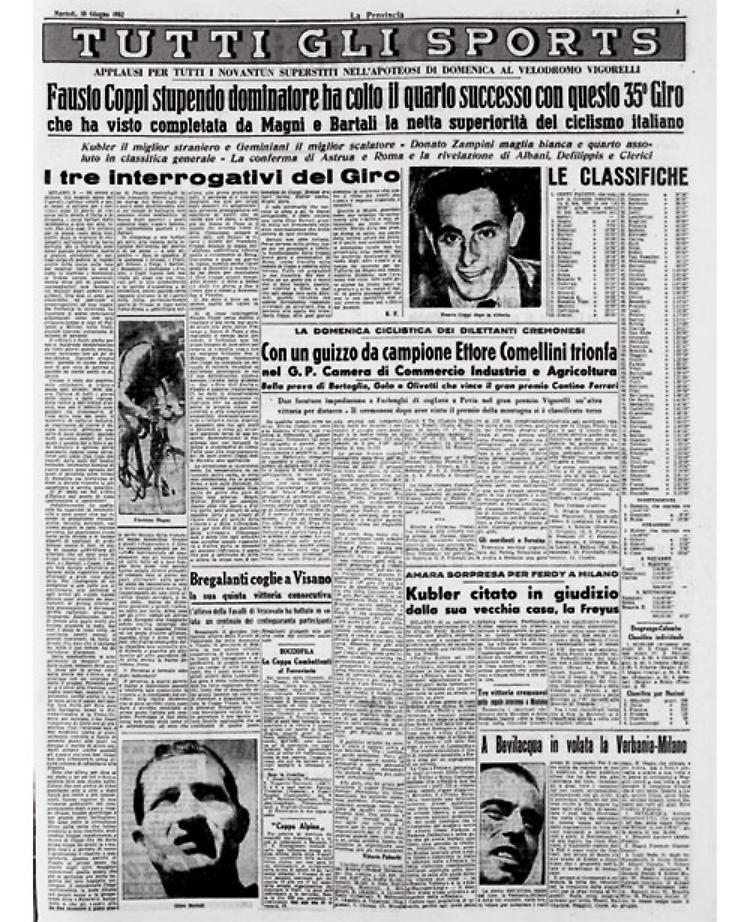 Fausto Coppi stupendo dominatore del 35' Giro d'Italia