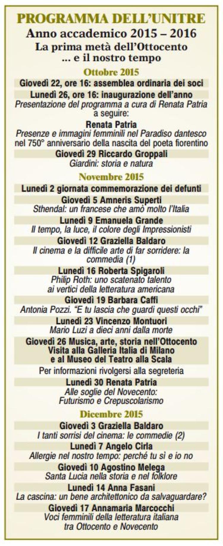 Viaggio nel 1800 e nel nostro tempo, il programma 2015 dell'Unitre