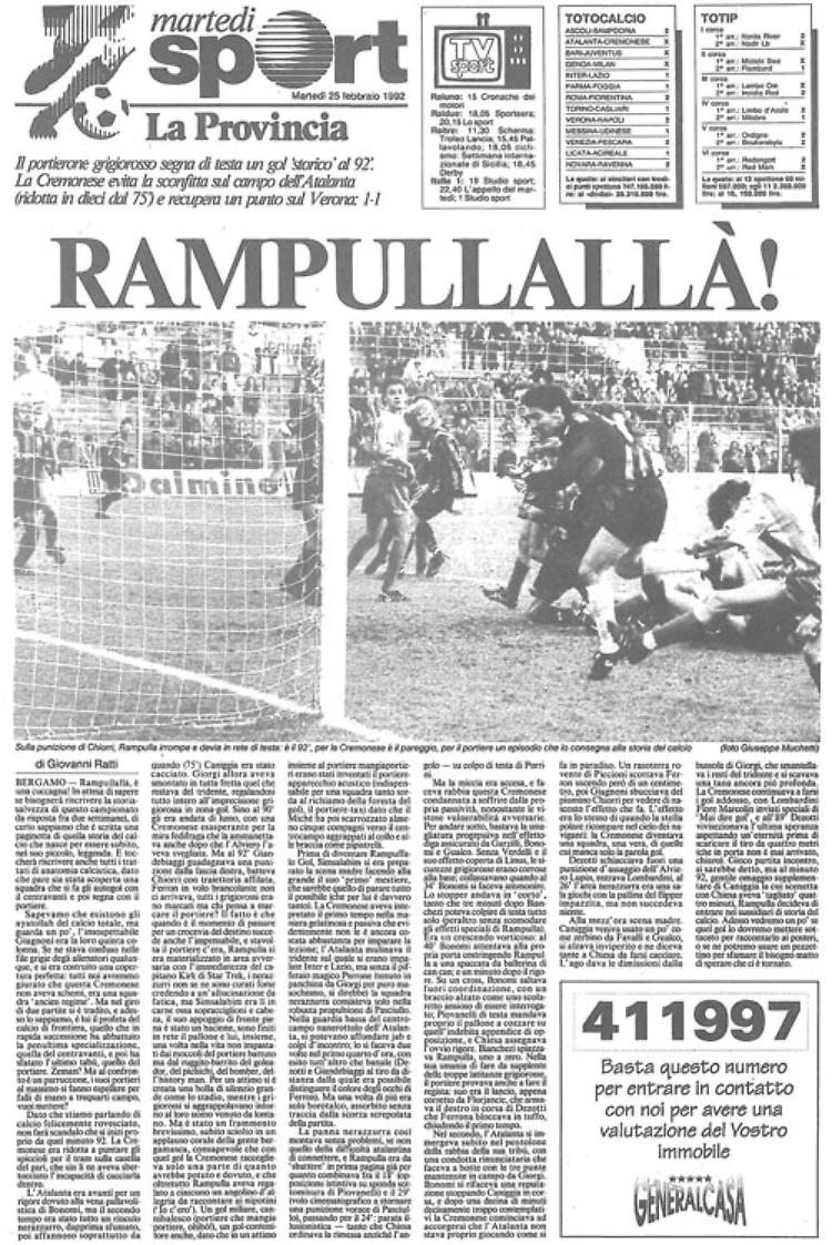 Il portiere della Cremonese Michelangelo Rampulla segna un gol di testa!