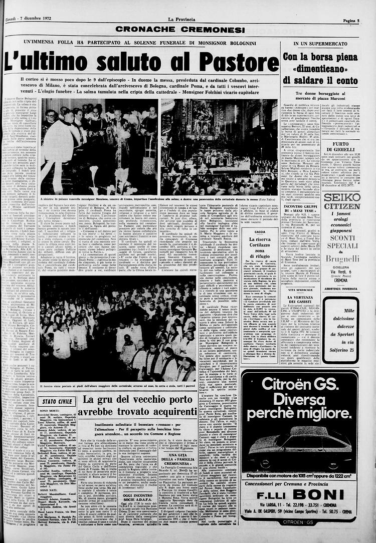 Addio al vescovo Bolognini