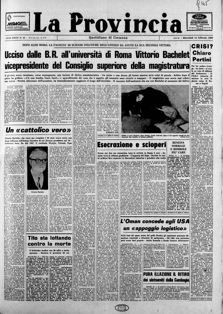Ucciso dalle B.R. all'università di Roma Vittorio Bachelet vicepresidente del CSM