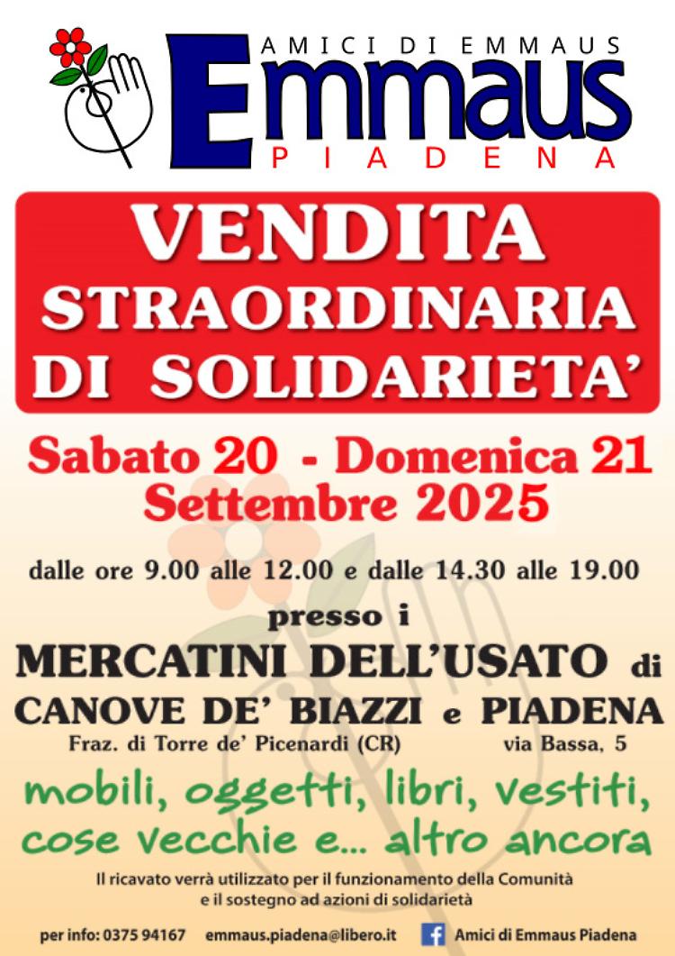 Vendita straordinaria di solidarietà a favore di Emmaus